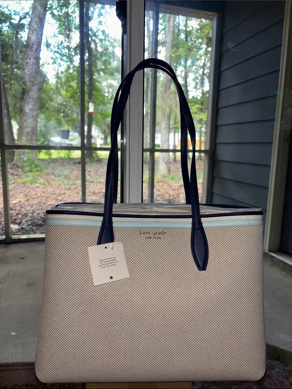 kate spade Beige Canvas Tote with Navy Handles and Trim